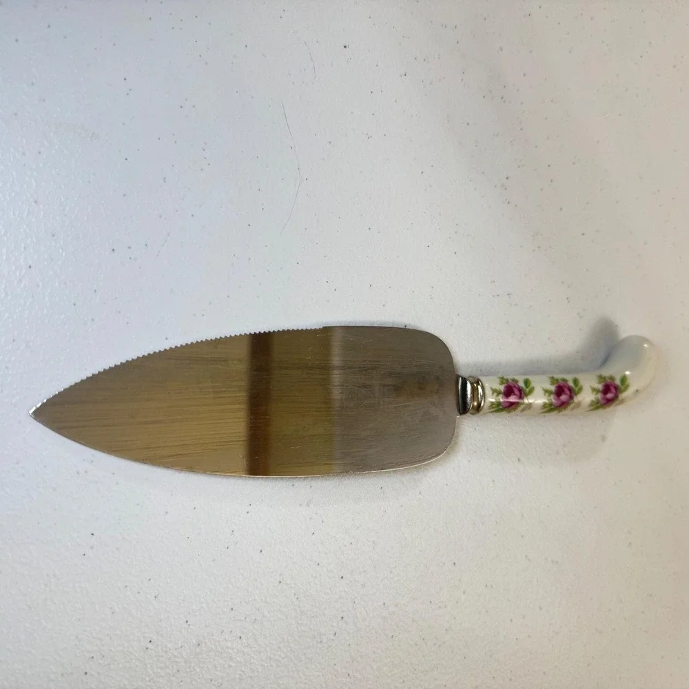 Vintage Floral Porcelain Handle Cake kinfe server Serverware Engraved BARNES‎